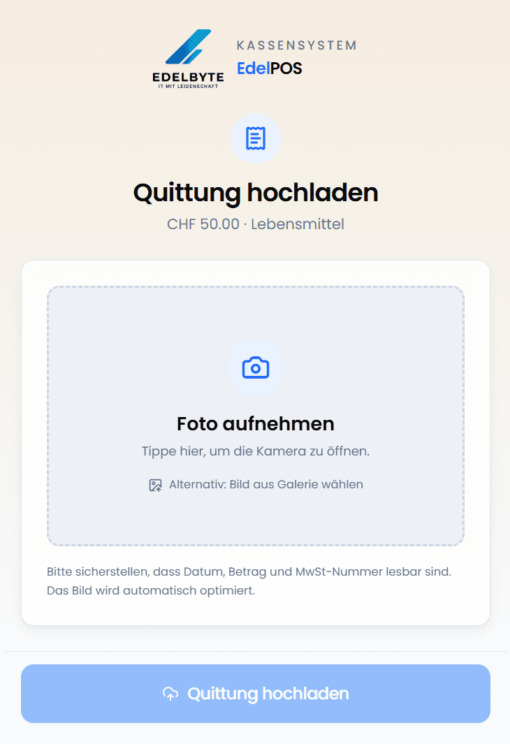 Mobile Upload-Ansicht Quittung hochladen von EdelPOS zum Fotografieren des Belegs