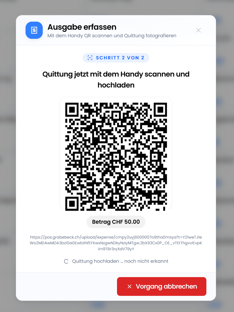 EdelPOS Dialog Ausgabe erfassen mit QR-Code zum Scannen mit dem Handy